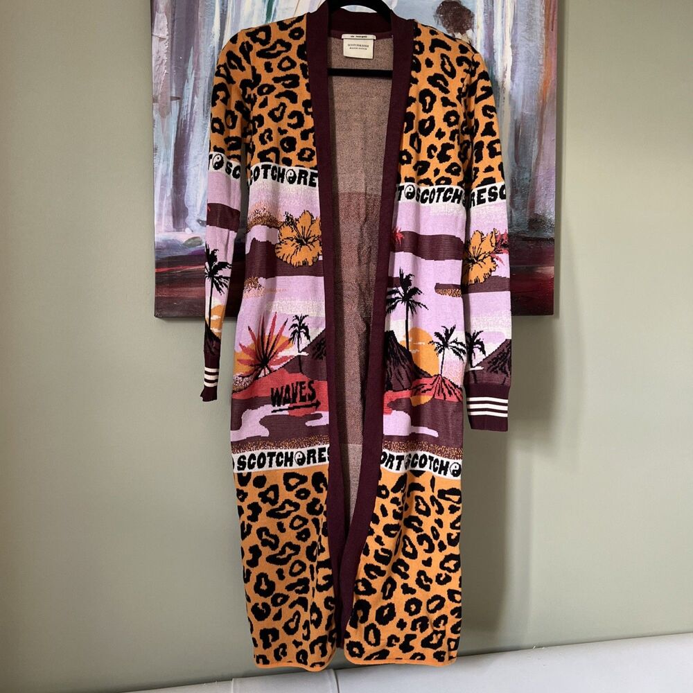 Scotch & Soda Resort Les Tropiques S Cardigan Orange Animal Tropical VERY GOOD